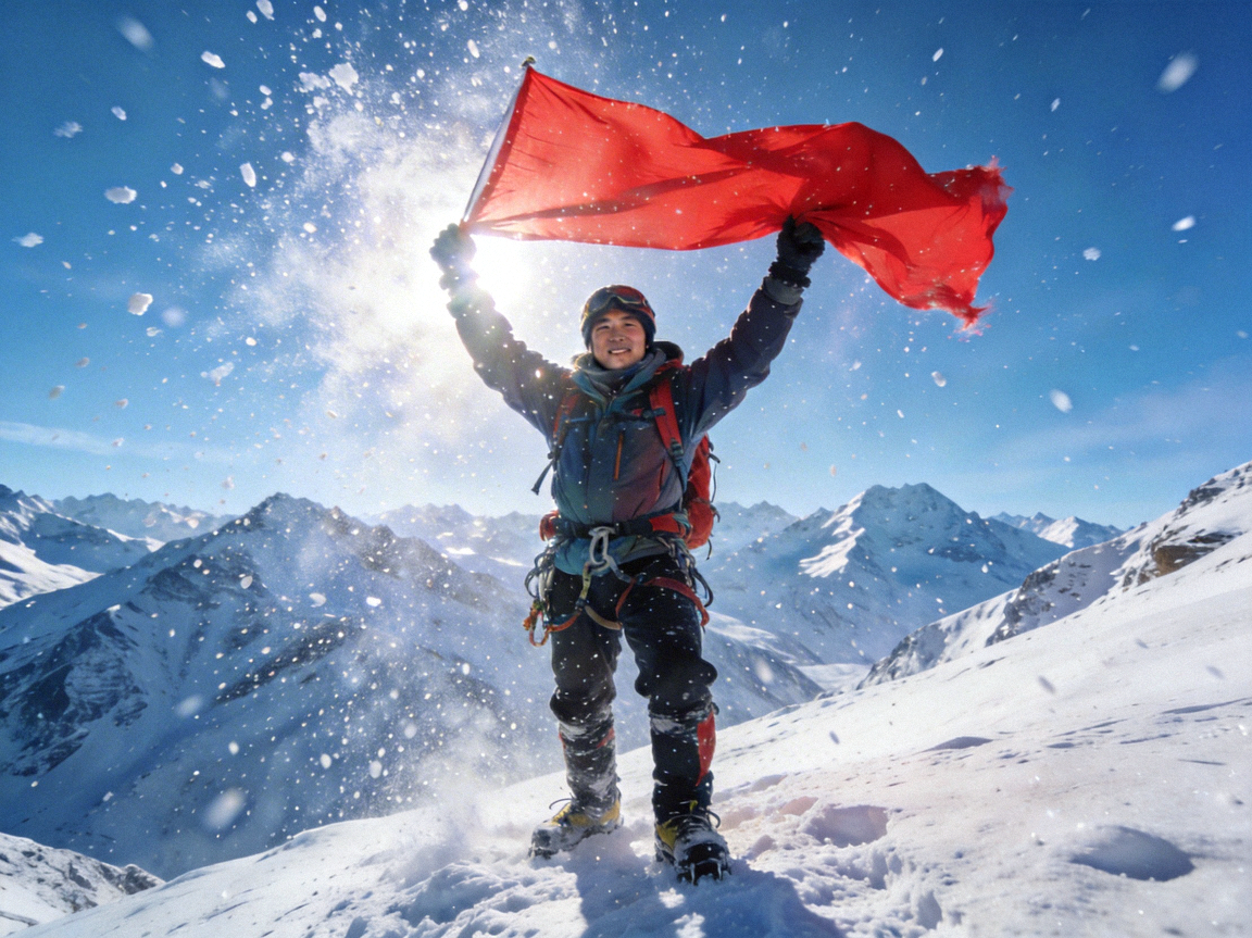 登山者在雪山之巅挥舞旗帜庆祝登顶成功
